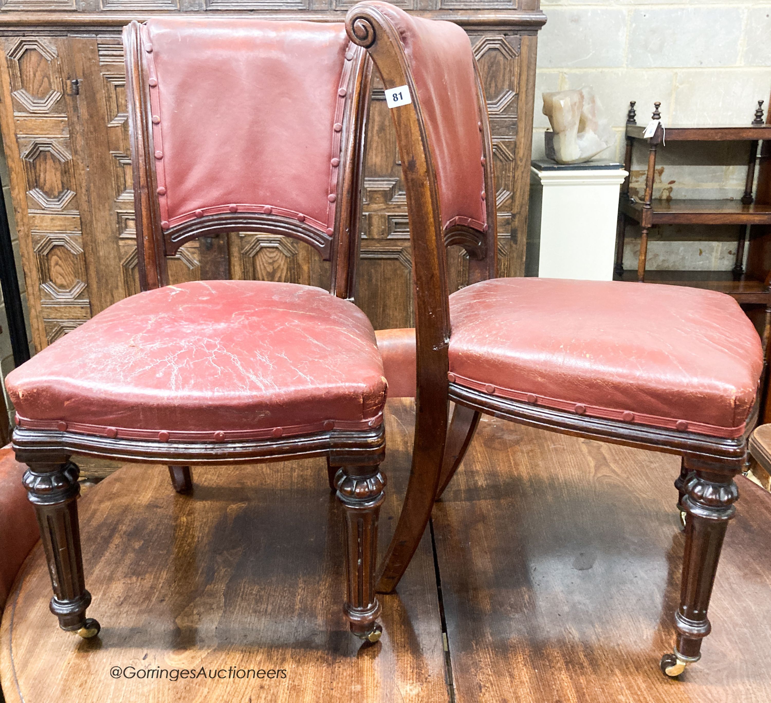 A set of six Victorian leather and mahogany dining chairs